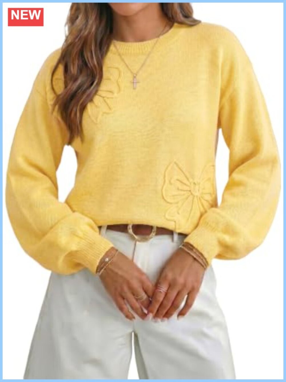 Dokotoo Women's Floral Lantern Sleeve Pullover Knit Sweater